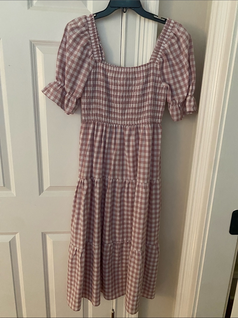 Smocked Midi Dress in Blush Gingham